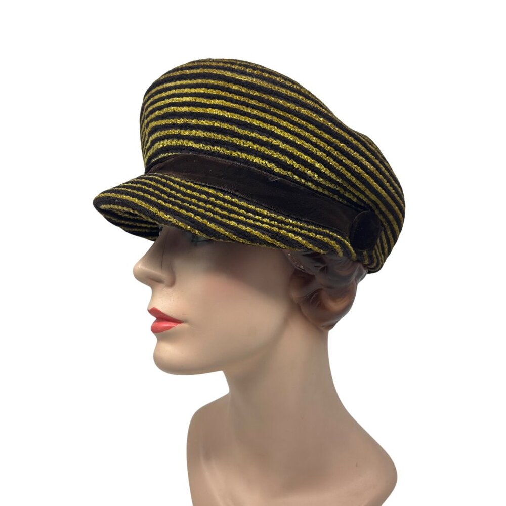 Vintage 50s Newsboy Hat Womens Striped Yellow Brown Knit Beret Cap - Picture 3 of 12
